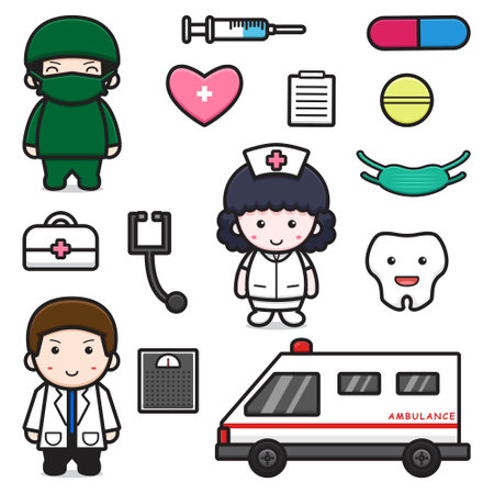 Cute doctor and object equipment set cartoon vector icon illustration. World health day icon concept isolated vector. Flat cartoon styleのイラスト素材