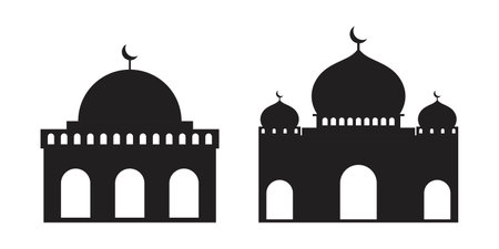 Arabic architecture silhouette. Mosque roof, islamic cityscape panorama and minaret skyline silhouettes. vector illustration. Architecture silhouette, arabic mosque, islam minaretのイラスト素材
