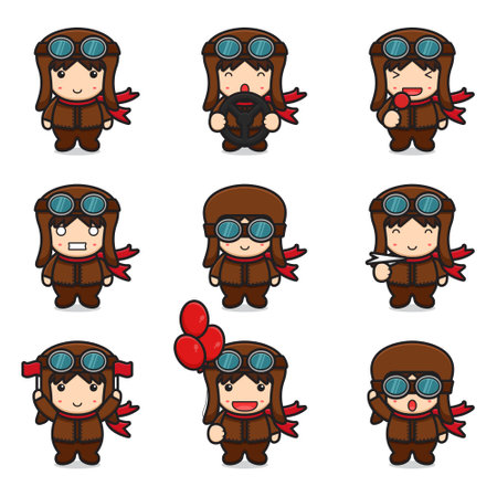 Set of cute pilot mascot character with different poses cartoon vector icon illustration. Design isolated on white. Flat cartoon style.のイラスト素材