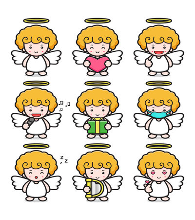 Set of cute angel mascot character with different poses cartoon vector icon illustration. Design isolated on white. Flat cartoon style.のイラスト素材