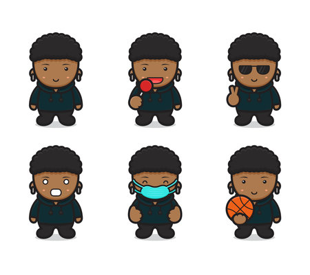 Set of cute curly boy wear hoodie with different poses cartoon vector icon illustration. Design isolated on white. Flat cartoon style.のイラスト素材