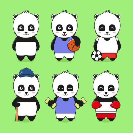 set of cute panda mascot character play sport. design isolated on green background.のイラスト素材