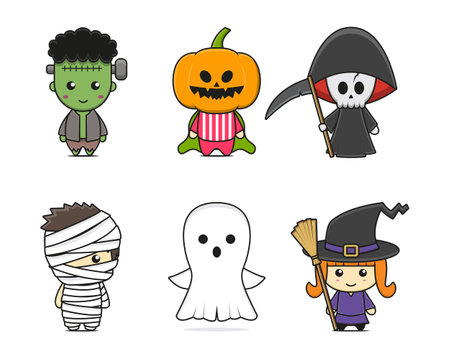 set of cute halloween mascot character. design isolated on white background.のイラスト素材