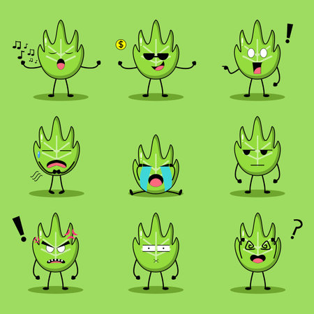 Cute Leaf Mascot set collection. Vector cartoon illustration design. Isolated on green background.のイラスト素材