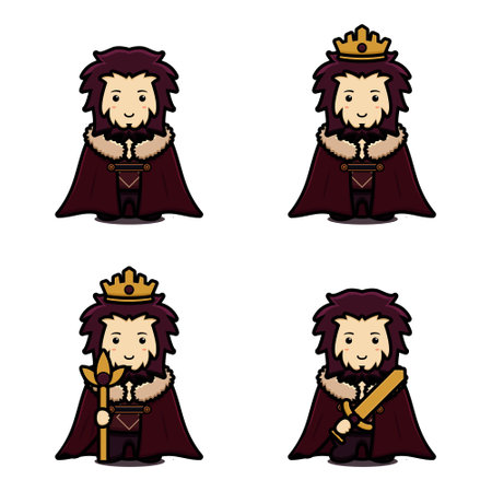 Set of cute king mascot character with different poses cartoon vector icon illustration. Design isolated on white. Flat cartoon style.のイラスト素材
