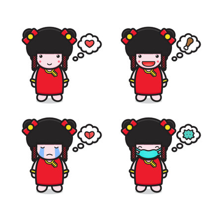 Set of cute chinese girl mascot character with different expression cartoon vector icon illustration. Design isolated on white. Flat cartoon style.のイラスト素材