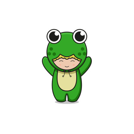 Cute green frog mascot character illustration. Design isolated on white background.のイラスト素材