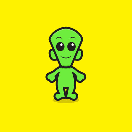 cute green alien mascot character. design isolated on yellow background.のイラスト素材
