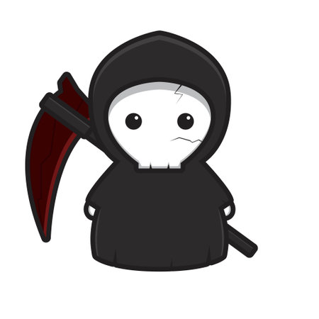 Cute grim reaper mascot character with red scythe vector cartoon icon illustration. Design isolated on white. Flat cartoon style.のイラスト素材