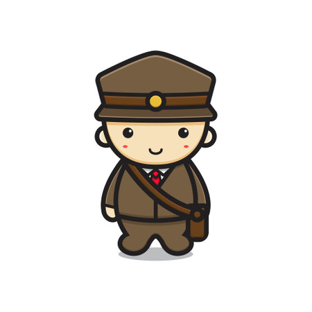 Cute postman mascot character with happy face vector cartoon icon illustration. Design isolated on white. Flat cartoon style.のイラスト素材