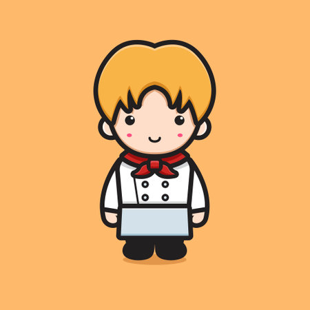Cute blonde chef character wear white uniform cartoon vector icon illustrationCute boy wear red hat cartoon vector icon illustration. Profession icon concept isolated vector. Flat cartoon styleのイラスト素材