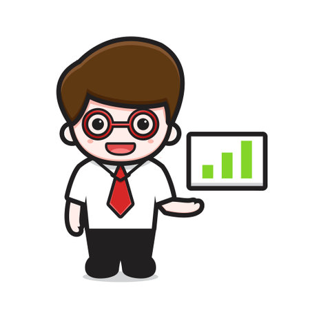 Cute businessman character presentation cartoon vector icon illustration. Business icon concept isolated vector. Flat cartoon styleのイラスト素材