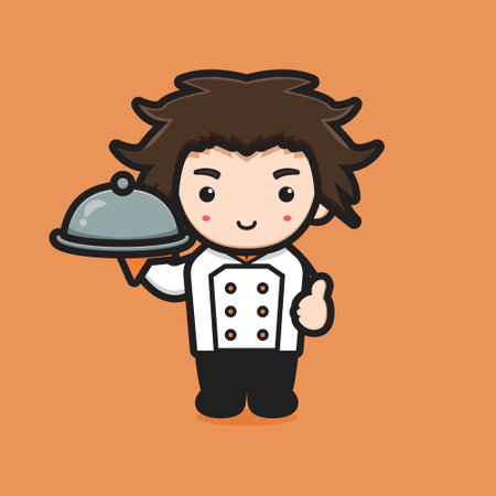 Cute chef character holding hot plate cartoon vector icon illustration. Cooking icon concept isolated vector. Flat cartoon styleのイラスト素材