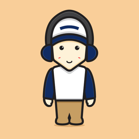 Cute boy listening music with headset cartoon vector icon illustration. Fashion icon concept...
