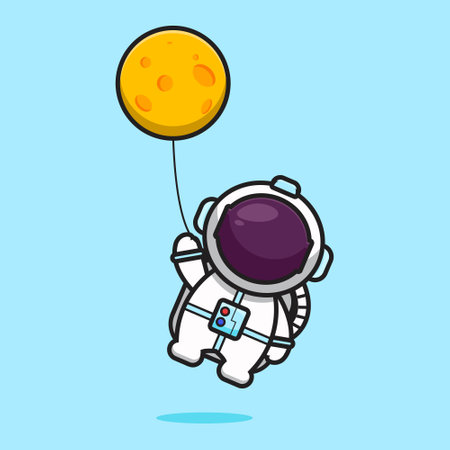 Cute astronaut character flying with moon balloon cartoon vector icon illustration. Science technology icon concept isolated vector. Flat cartoon styleのイラスト素材