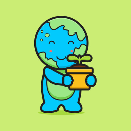 Cute earth mascot character hug plant cartoon vector icon illustration. Nature icon concept isolated vector. Flat cartoon styleのイラスト素材