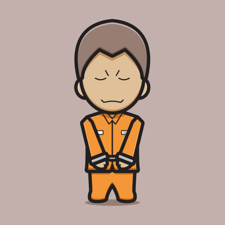 Cute prisoner character with handcuffs cartoon vector icon illustration. Villain icon concept isolated vector. Flat cartoon styleのイラスト素材