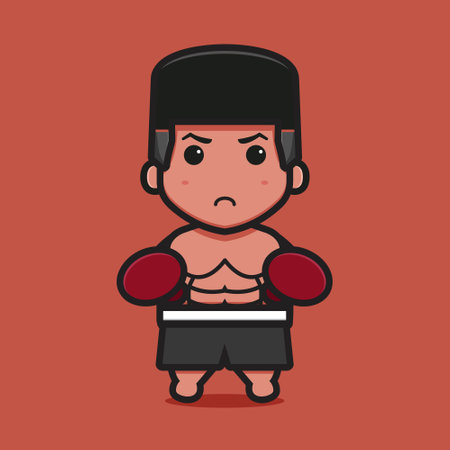 Cute boxer character with double punch pose cartoon vector icon illustration. Boxing sport icon concept isolated vector. Flat cartoon styleのイラスト素材