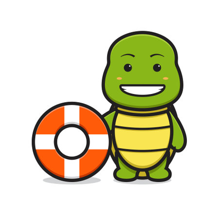 Cute turtle mascot character wear swimming buoy cartoon vector icon illustration. Design isolated on white. Flat cartoon style.のイラスト素材