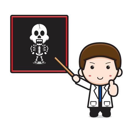 Cute doctor show bone scan cartoon icon vector illustration. Design isolated on white. Flat cartoon style.のイラスト素材