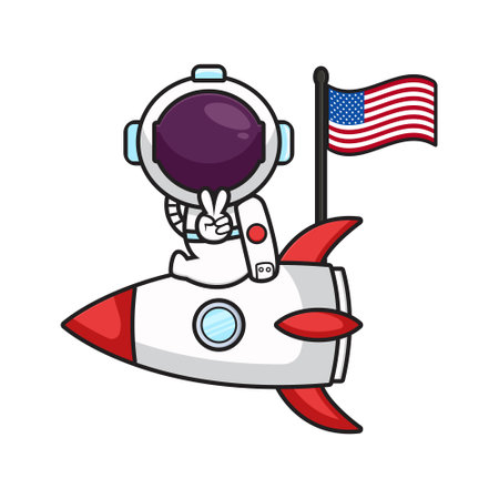 Cute astronaut sit on the rocket celebrate america independence day cartoon icon vector illustration.Design isolated on white. Flat cartoon style.のイラスト素材