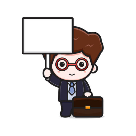 Cute businessman with blank board cartoon vector icon illustration. Design isolated on white. Flat cartoon style.のイラスト素材
