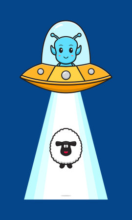 Cute sheep sucked in by alien ufo cartoon icon illustration. Design isolated flat cartoon style