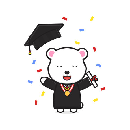 Cute bear celebrate on graduation day cartoon icon illustration. Design isolated flat cartoon styleのイラスト素材