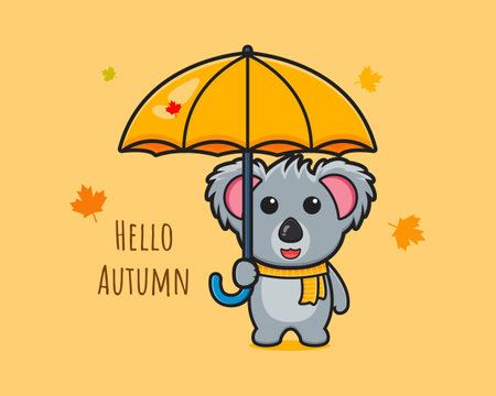Koala say hello autumn on banner card cartoon icon vector illustration. Design isolated flat cartoon styleのイラスト素材