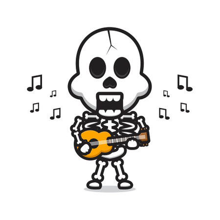 Skull playing guitar cartoon icon vector illustration. Design isolated flat cartoon styleのイラスト素材