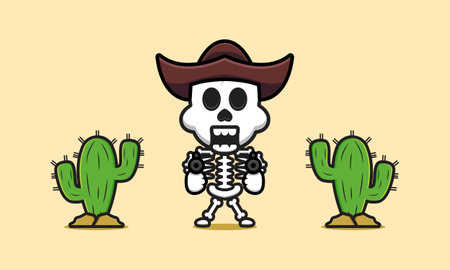 Cute cowboy skeleton cartoon icon illustration. Design isolated flat cartoon styleのイラスト素材
