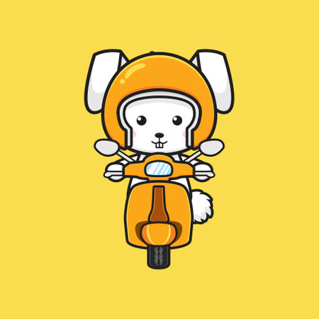 Cute rabbit riding scooter cartoon icon illustration. Design isolated flat cartoon styleのイラスト素材