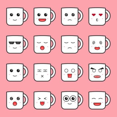 Set of cute mug emoticon cartoon icon vector illustration. Design isolated on pink. Flat cartoon style.のイラスト素材