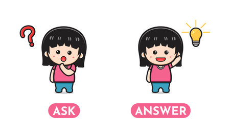 Cute opposite ask and answer, words antonym for children cartoon icon illustration. Design isolated flat cartoon styleのイラスト素材