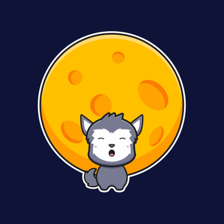 Cute wolf howl at the full moon cartoon icon illustration. Design isolated flat cartoon styleのイラスト素材