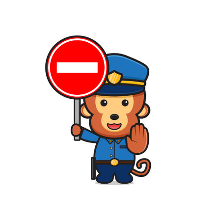 Cute monkey police holding stop sign cartoon icon illustration. Design isolated flat cartoons styleのイラスト素材