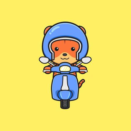 Cute tiger riding scooter cartoon icon illustration. Design isolated flat cartoon styleのイラスト素材