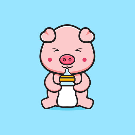 Cute pig holding milk bottle pacifier cartoon icon illustration. Design isolated flat cartoon styleのイラスト素材