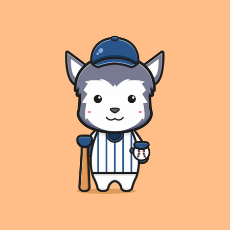 Cute wolf baseball player cartoon icon illustration. Design isolated flat cartoon styleのイラスト素材