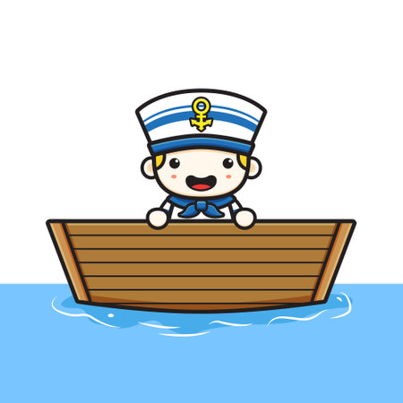 Cute sailor get on the boat cartoon icon illustration. Design isolated flat cartoon styleのイラスト素材