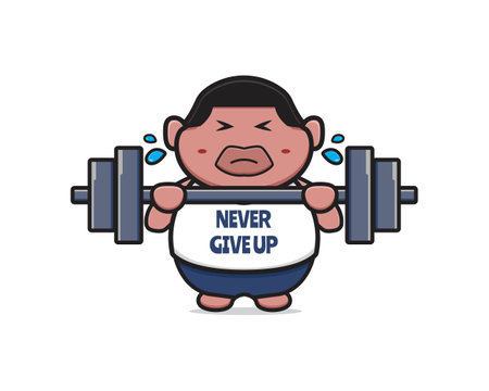 Cute fat boy do weight lifting never give up cartoon icon illustration. Design isolated flat cartoon styleのイラスト素材
