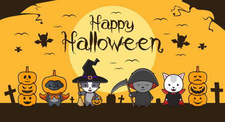 Cute cat wearing halloween cosplay background cartoon icon illustration. Design isolated flat cartoon styleのイラスト素材