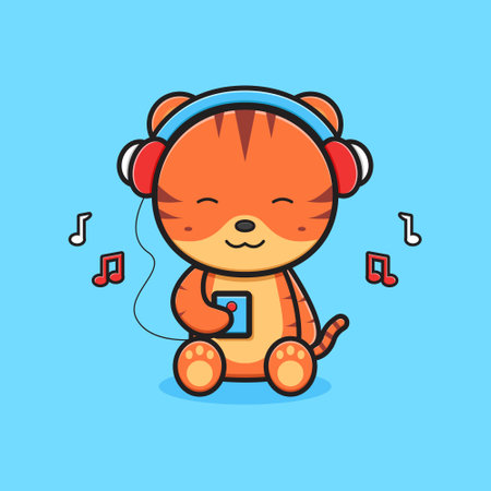 Cute tiger listening music with headphone cartoon icon illustration. Design isolated flat cartoon styleのイラスト素材