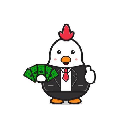 Cute chicken boss holding money cartoon icon illustration. Design isolated flat cartoon styleのイラスト素材