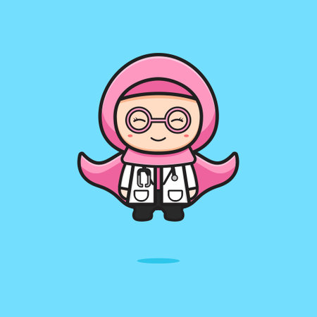 Cute muslim doctor super hero cartoon icon illustration. Design isolated flat cartoon styleのイラスト素材