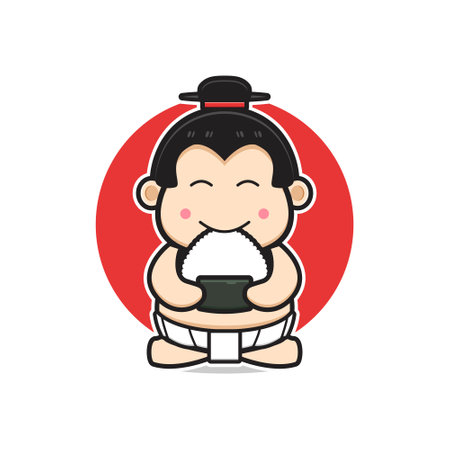 Cute sumo eat onigiri cartoon icon illustration. Design isolated flat cartoon styleのイラスト素材