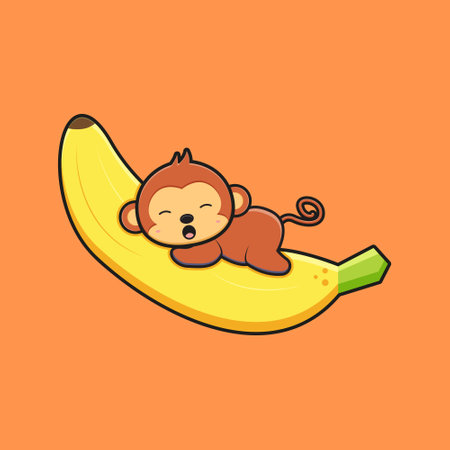 Cute monkey lay on banana cartoon icon illustration. Design isolated flat cartoon styleのイラスト素材