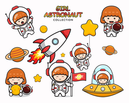 Set collection of cute girl astronaut cartoon icon clip art illustration design isolated flat cartoon styleのイラスト素材