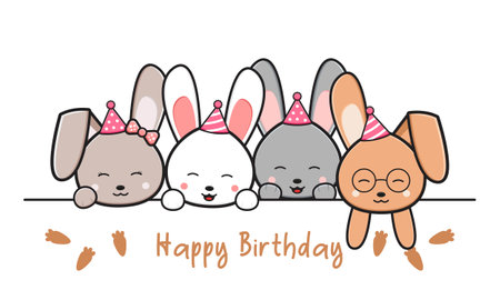 Happy birthday greeting card with cute rabbits doodle cartoon illustration design flat cartoon styleのイラスト素材