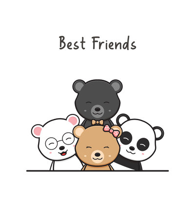 Cute bear best friends greeting cartoon doodle card icon illustration flat cartoon styleのイラスト素材